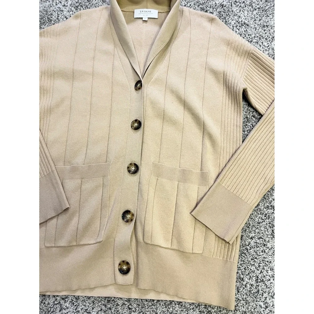LA LIGNE New York Beige Ribbed Knit Shawl Collar Cardigan‎ Cashmere Sweater XS